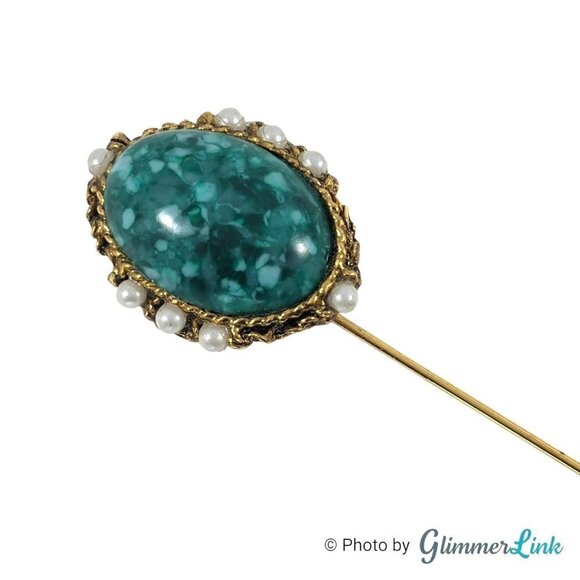 Vintage Oval Mottled Green Cabochon Faux Pearl Filigree Gold Tone Stick Pin - Picture 6 of 10